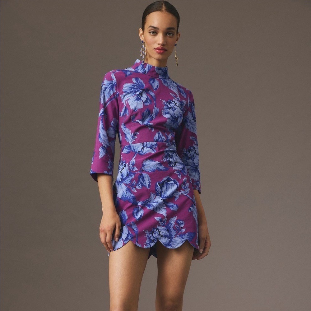 NWT Anthropologie MAEVE Mock-Neck Shift Mini Dress Floral Scalloped Size 6